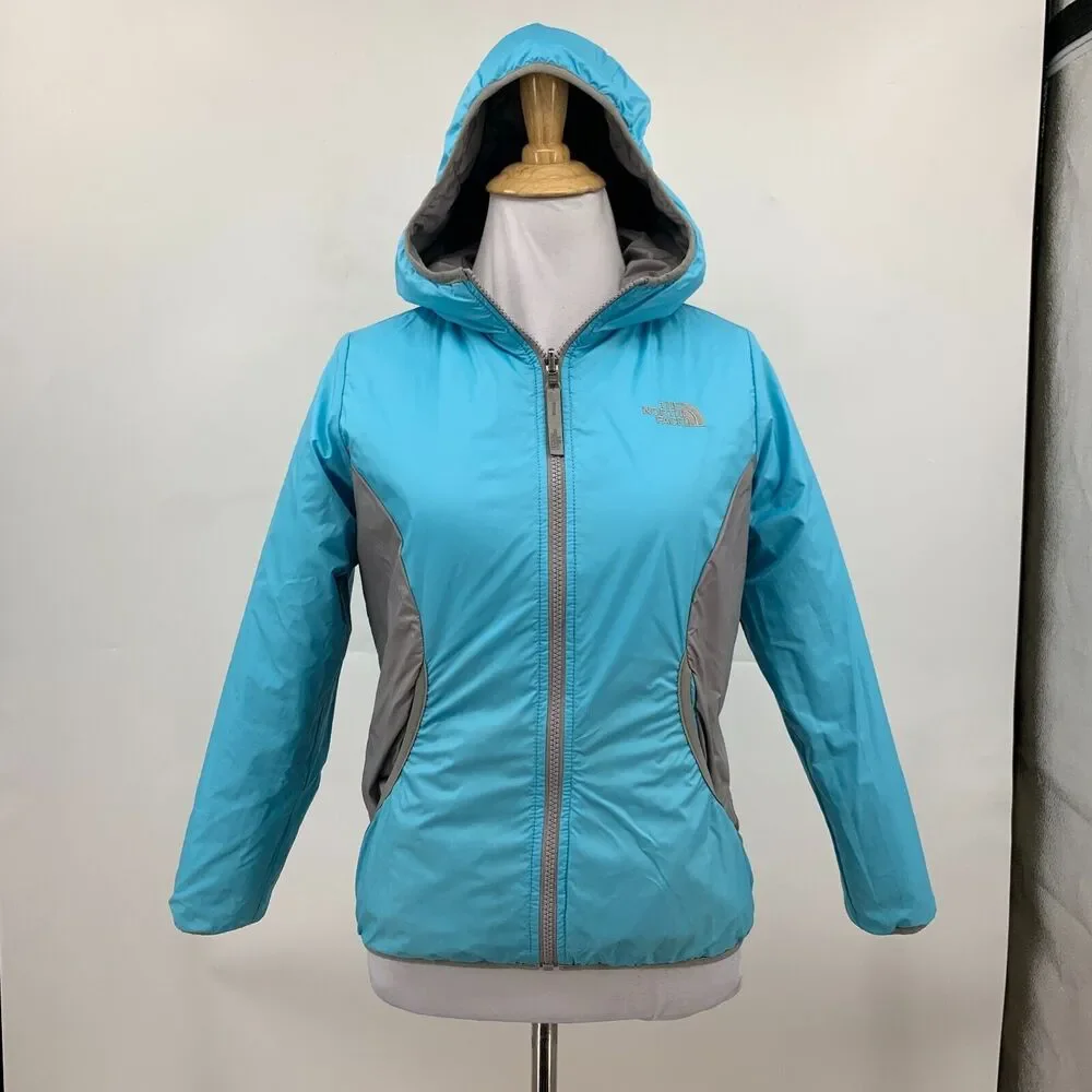 The North Face Reversible Jacket Girls Youth M Medium Aqua Grey Quilted Filled